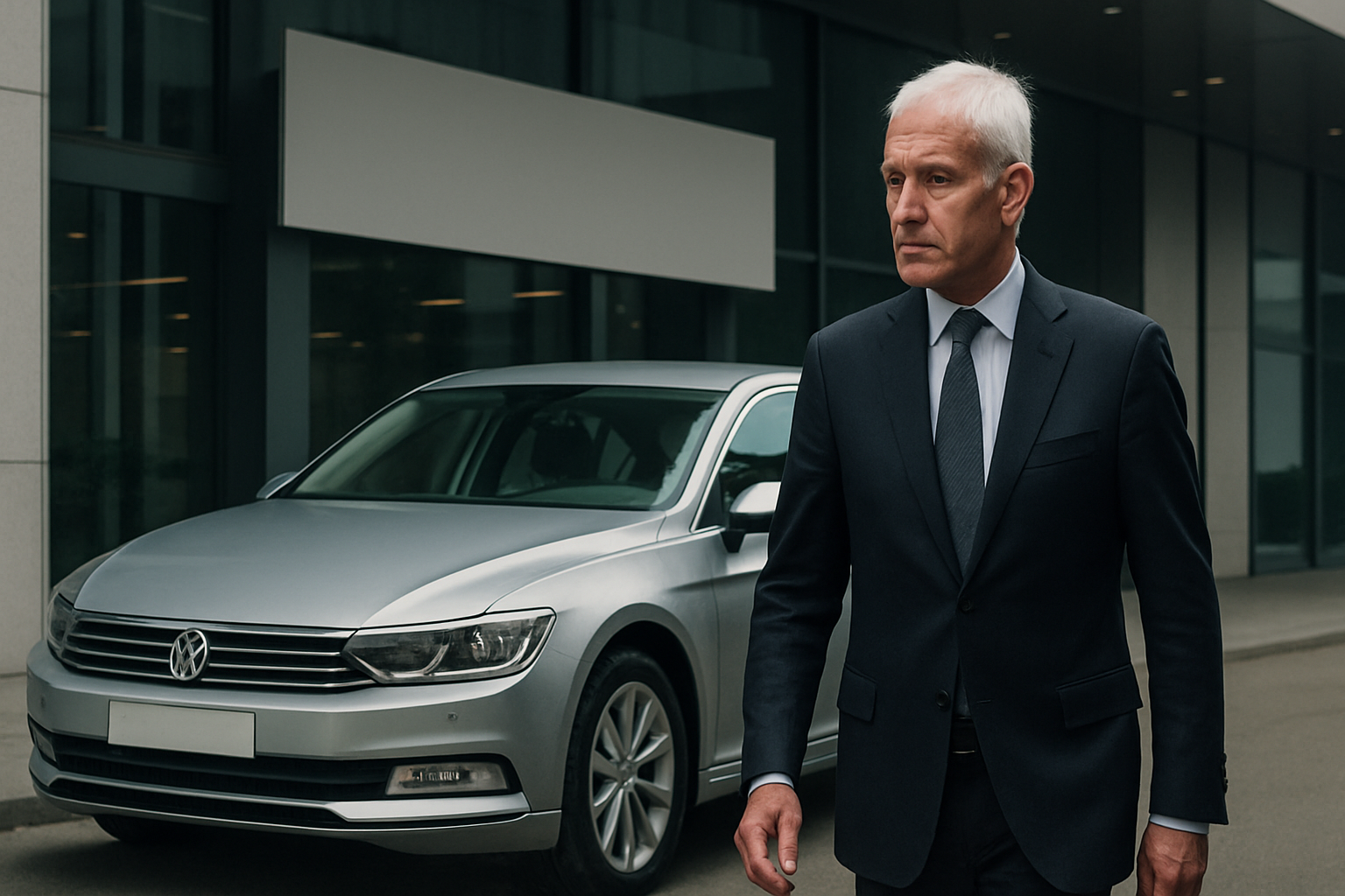 A serious older man in a dark suit walks on a pavement beside a parked silver sedan outside a modern building