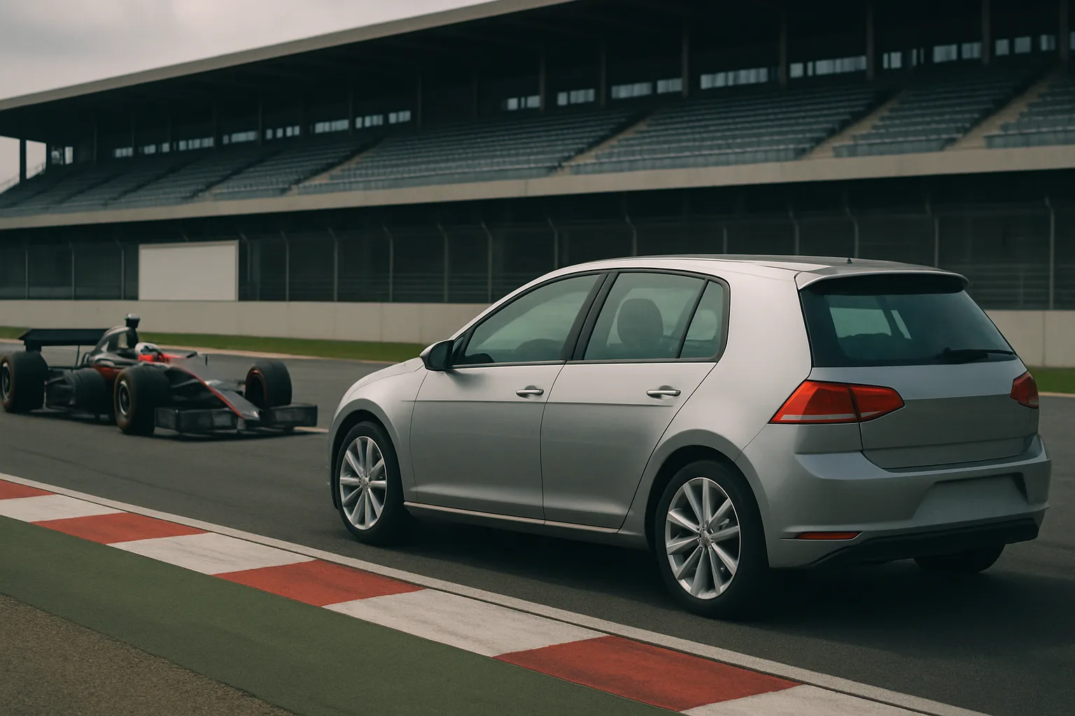 A silver hatchback and a black and red open-wheel race car parked side by side on a racetrack near empty grandstands