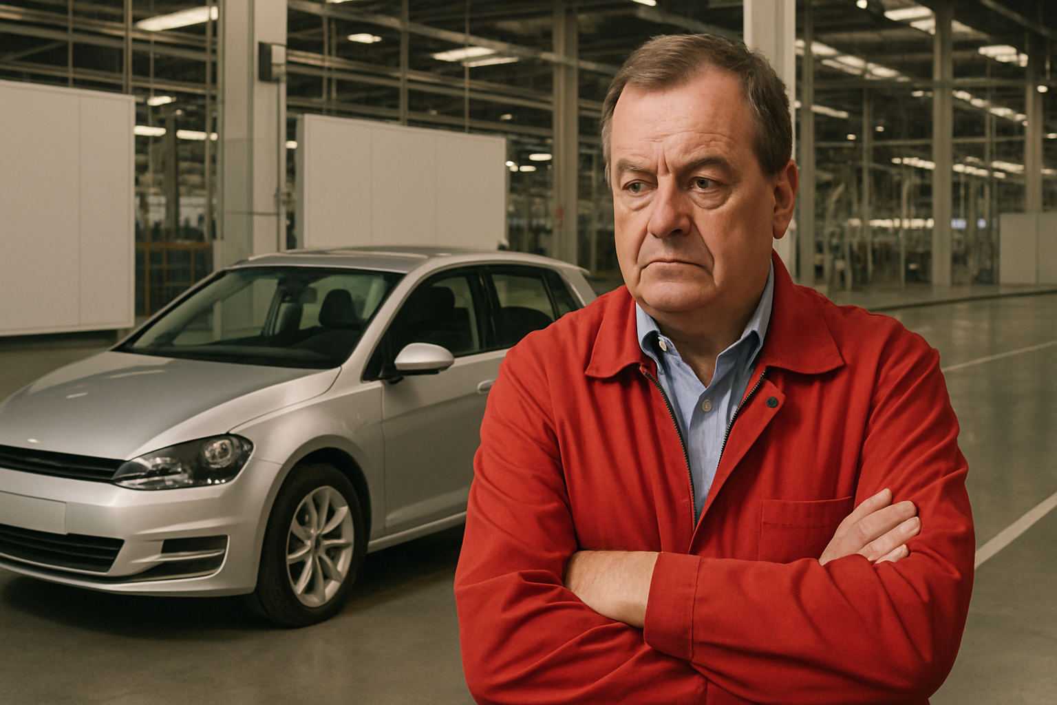 Middle-aged man in a red jacket stands with arms folded in a large, brightly lit industrial space with a silver car behind him