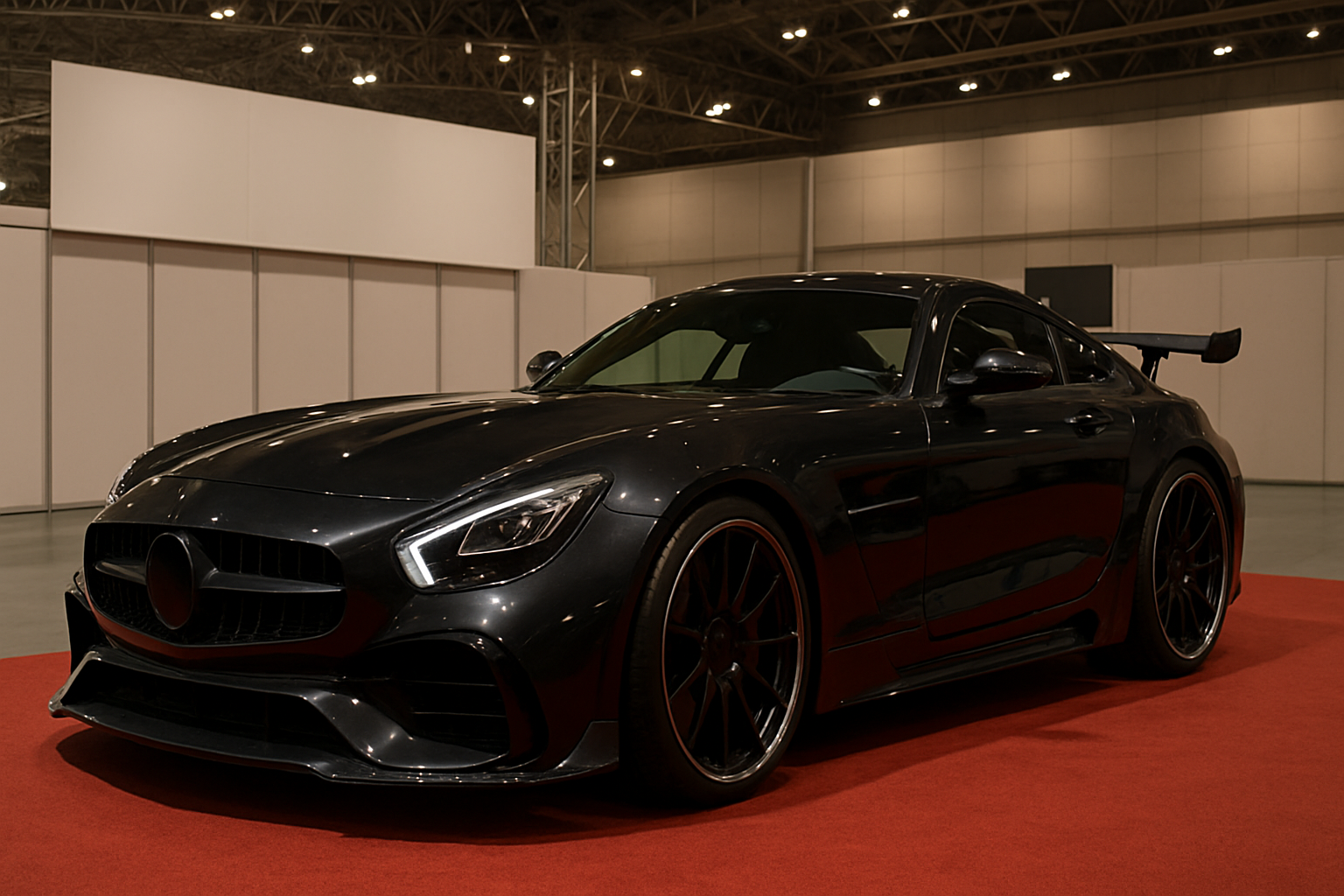Sleek black sports coupe with wide fenders, deep front spoiler and rear wing on a red carpet in a brightly lit hall