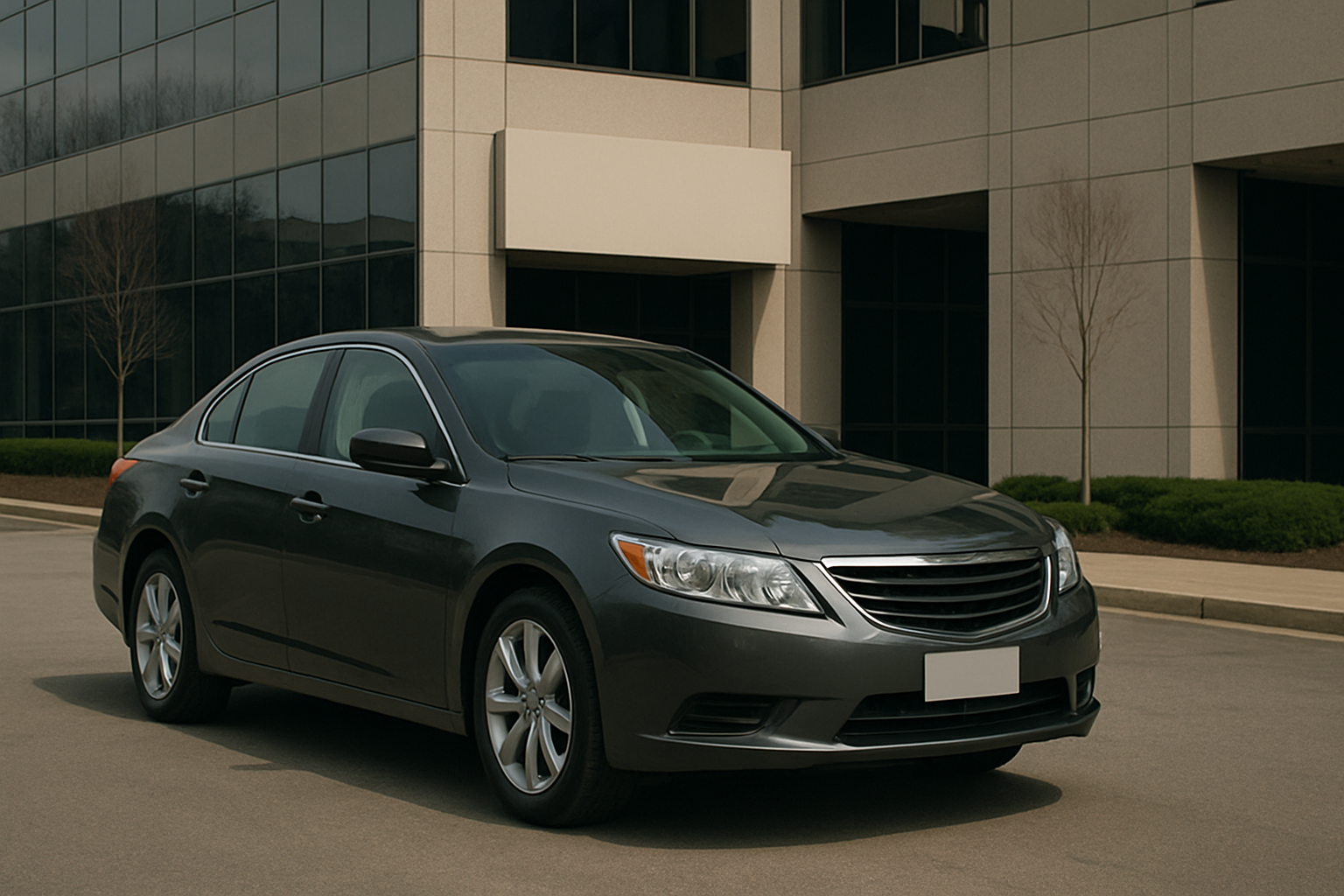 A dark grey sedan parked on a clean, empty pavement in front of a modern glass office building on an overcast day