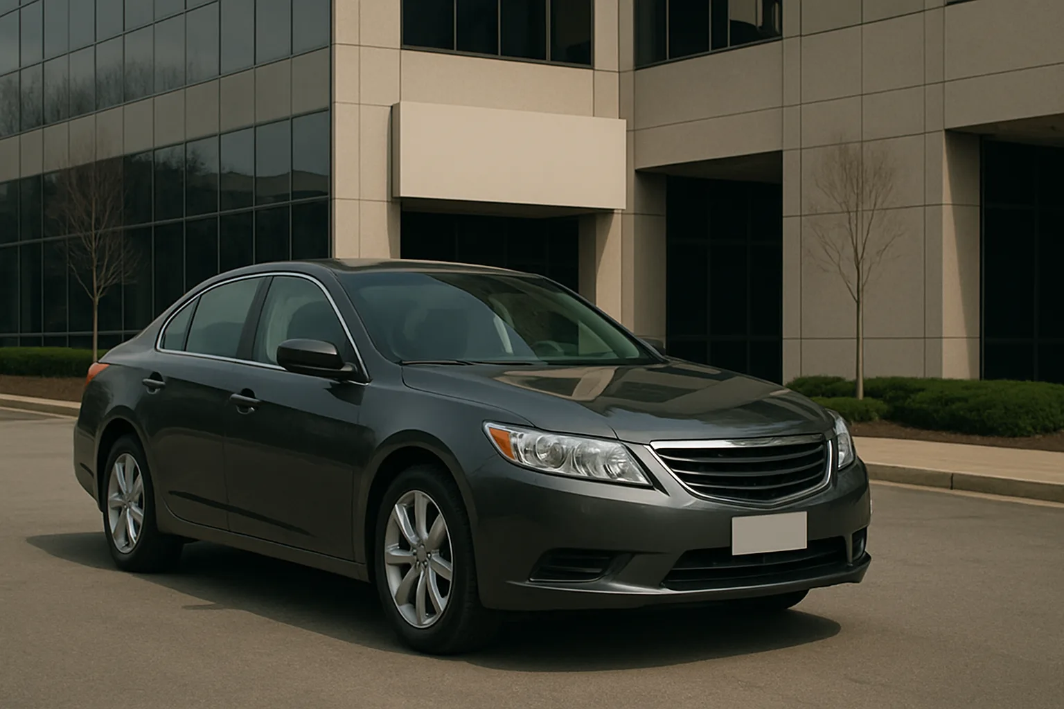 A dark grey sedan parked on a clean, empty pavement in front of a modern glass office building on an overcast day