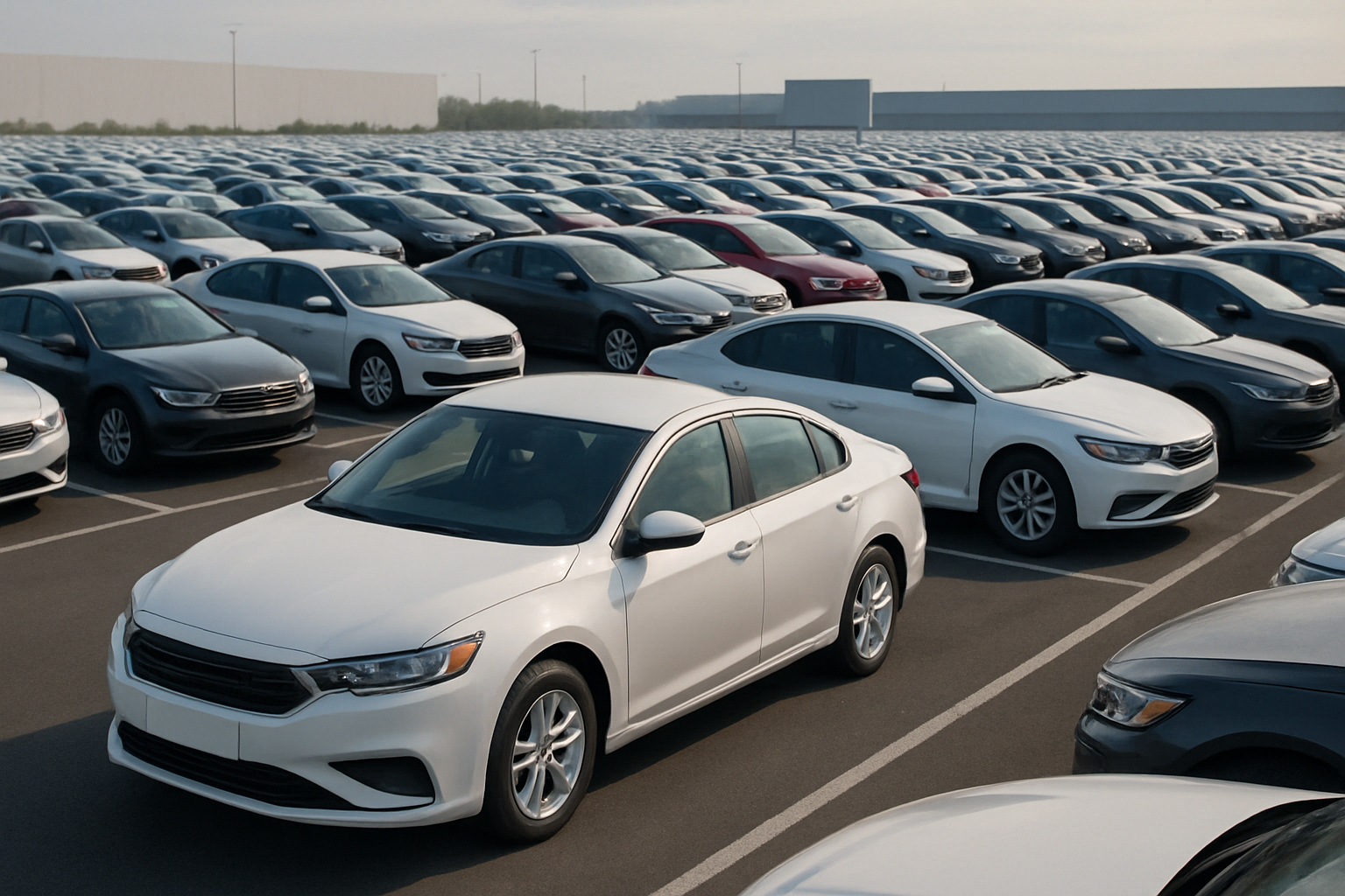 Rows of identical, shiny cars in neutral tones fill a vast outdoor parking lot under a hazy sky