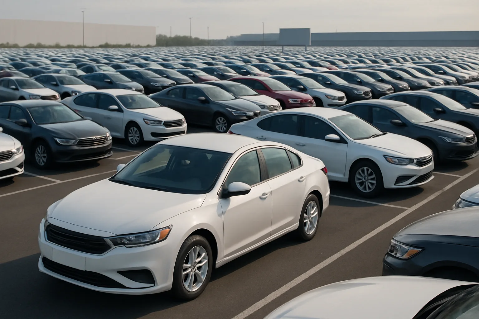 Rows of identical, shiny cars in neutral tones fill a vast outdoor parking lot under a hazy sky