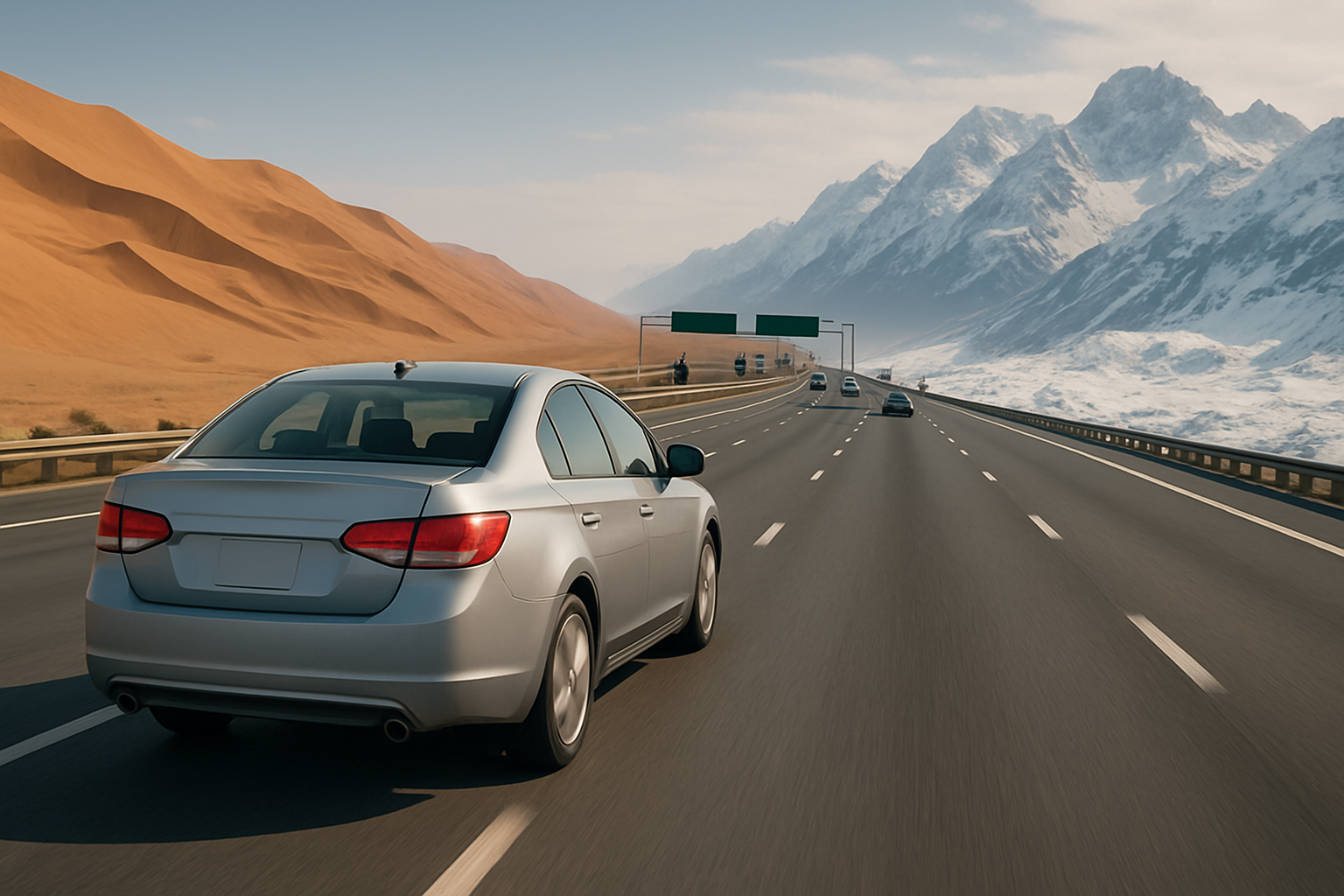 A silver sedan drives on a wide highway flanked by orange desert dunes on one side and snowy mountains on the other
