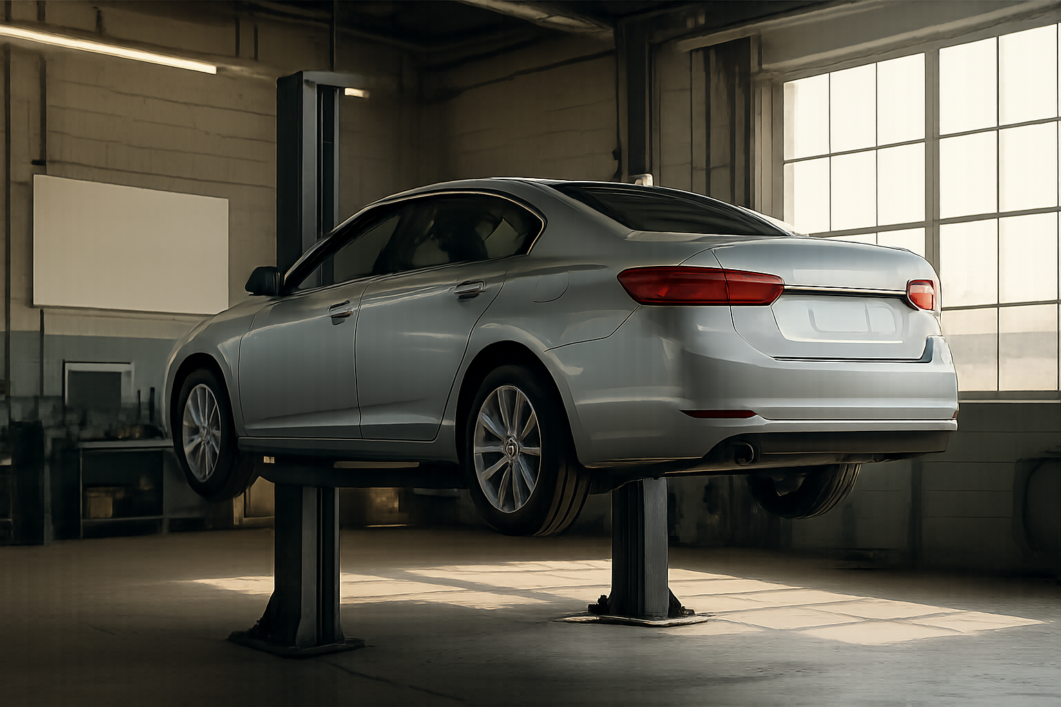 Silver sedan raised on a hydraulic lift in a spacious, sunlit garage with large windows and concrete walls