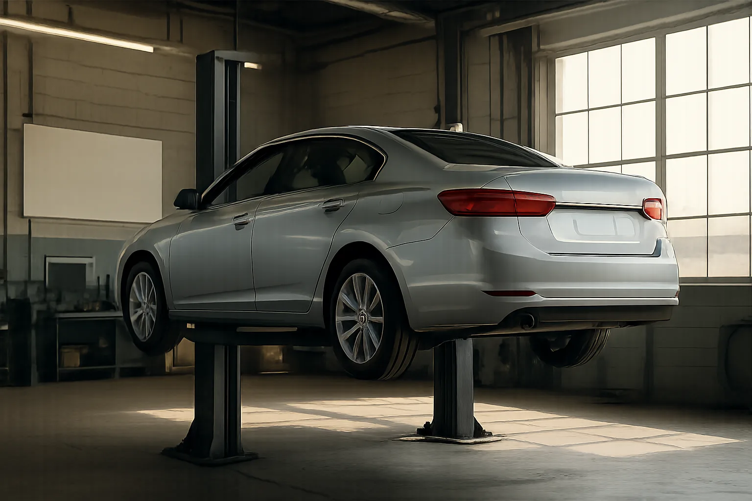 Silver sedan raised on a hydraulic lift in a spacious, sunlit garage with large windows and concrete walls