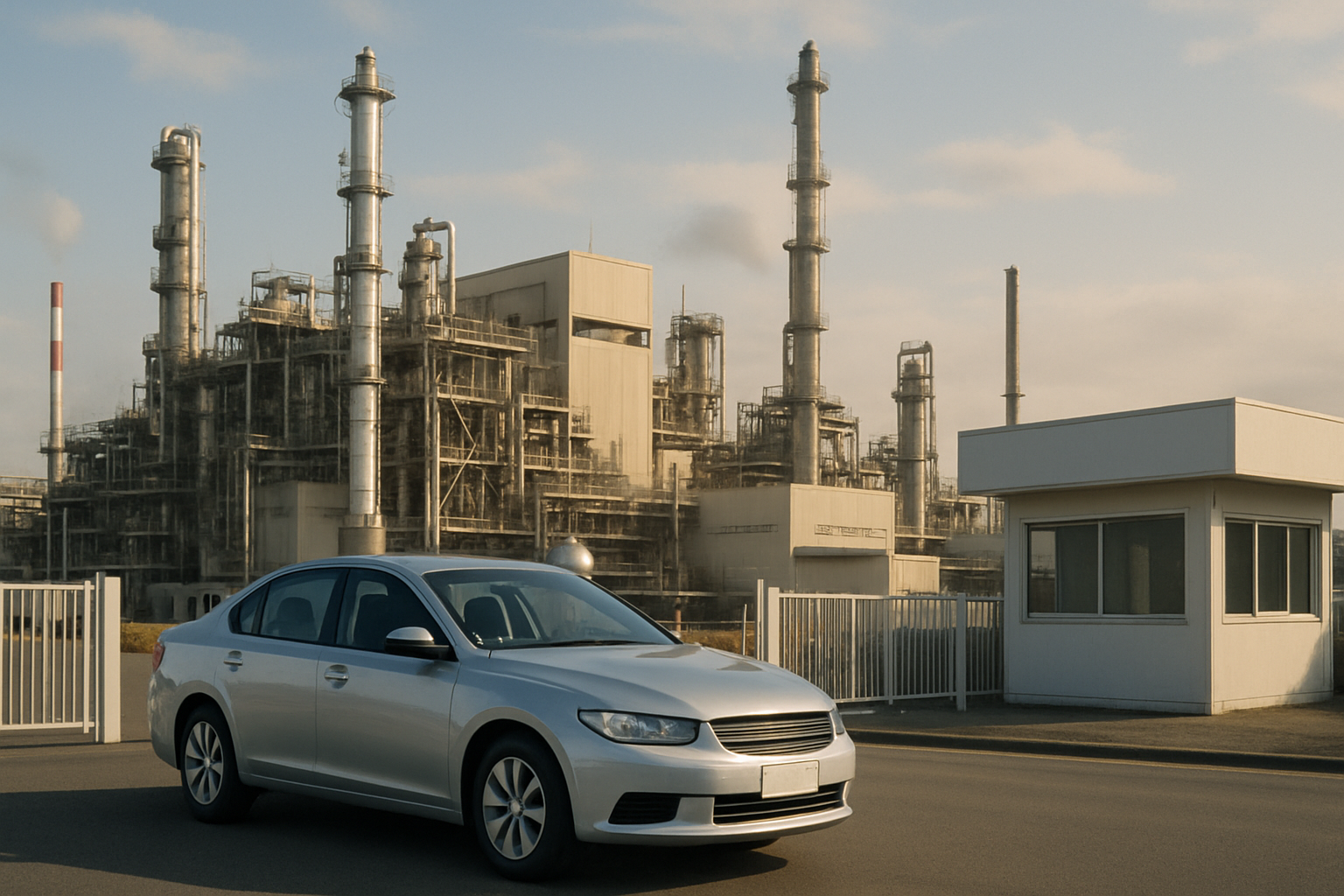 Silver sedan parked on asphalt in front of an industrial plant with tall chimneys and a small white security booth