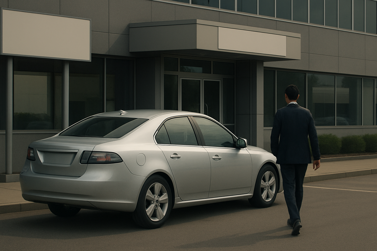 A silver sedan parked outside a modern grey office building as a man in a suit walks toward the entrance