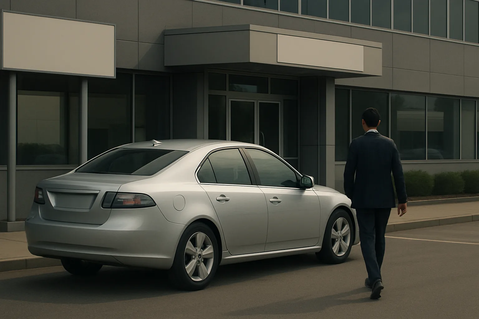 A silver sedan parked outside a modern grey office building as a man in a suit walks toward the entrance
