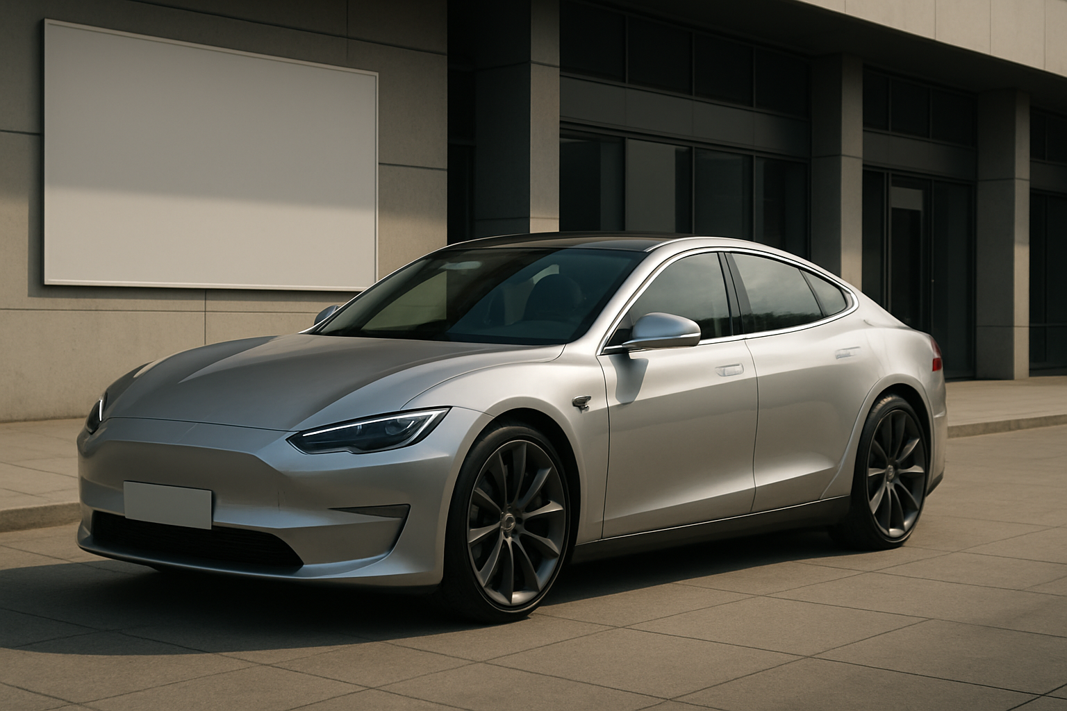 Sleek silver electric saloon car with dark-tinted windows parked on stone paving in front of a modern grey building