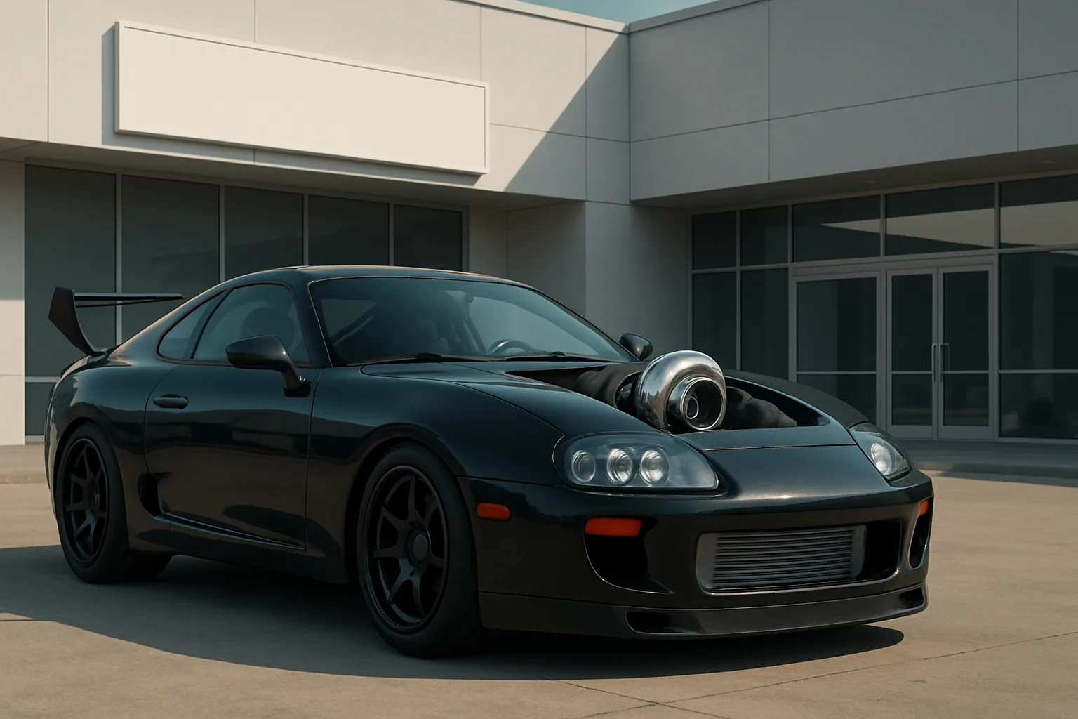 Sleek black sports car with oversized exposed turbocharger, large rear wing and black wheels parked by modern building