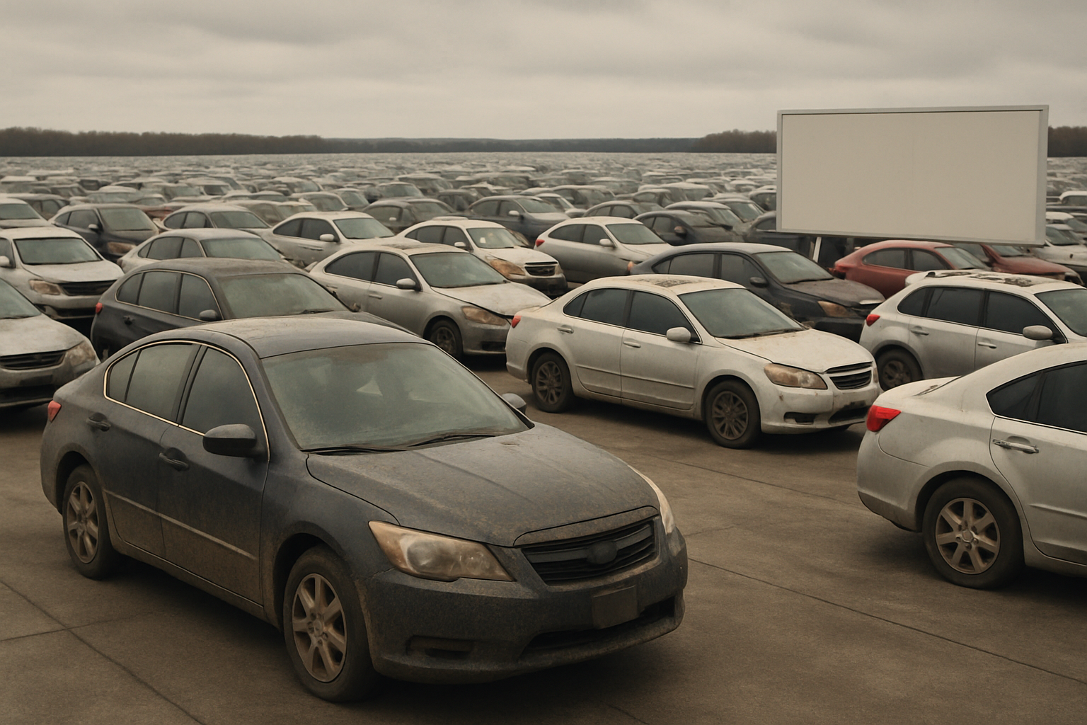Hundreds of dust-covered cars packed tightly in rows on gray tarmac under a cloudy sky, with a blank white sign in the background