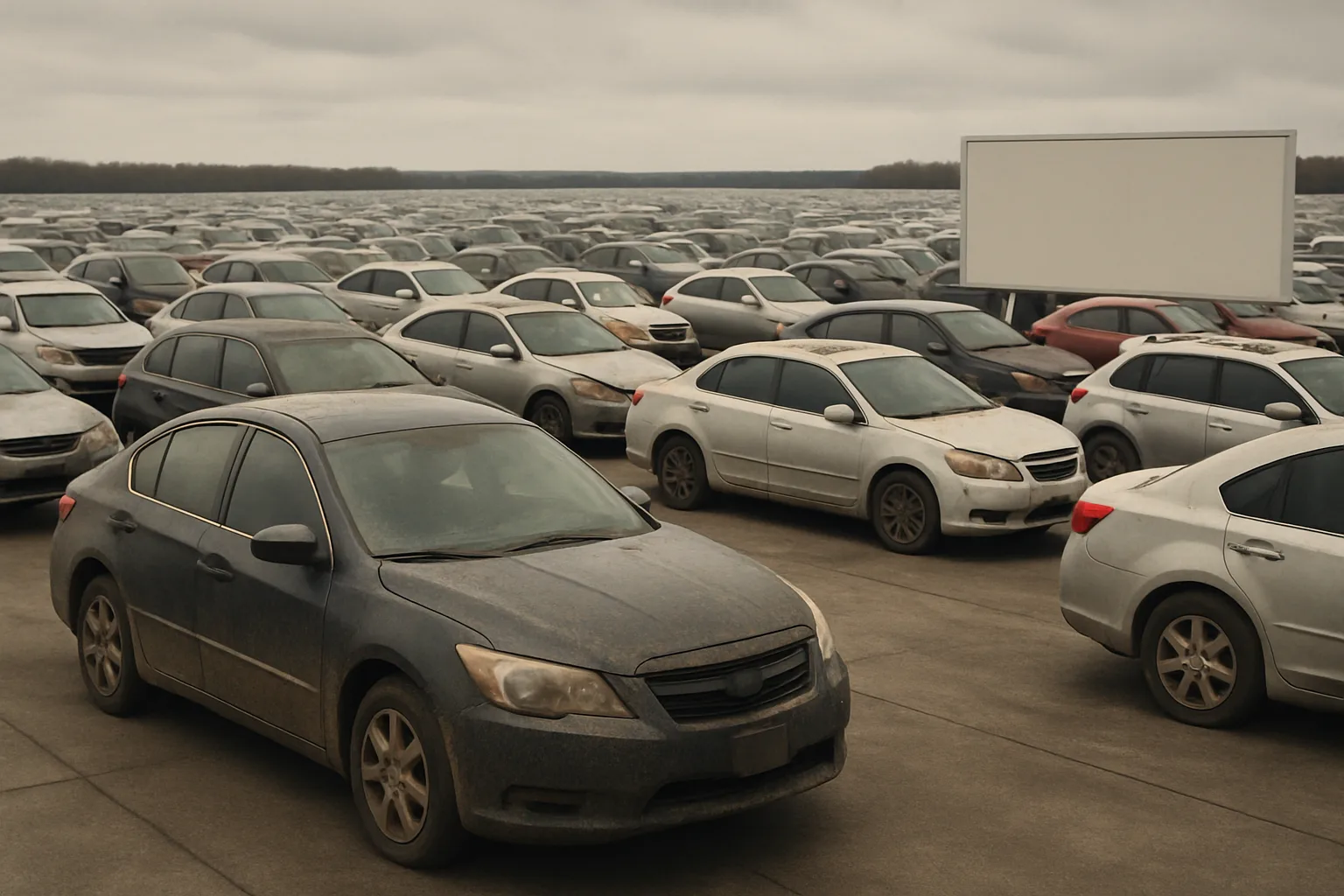 Hundreds of dust-covered cars packed tightly in rows on gray tarmac under a cloudy sky, with a blank white sign in the background