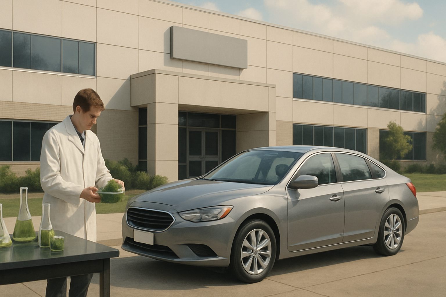 A man in a white lab coat holds leafy greens near a silver sedan parked outside a modern beige building on a cloudy day