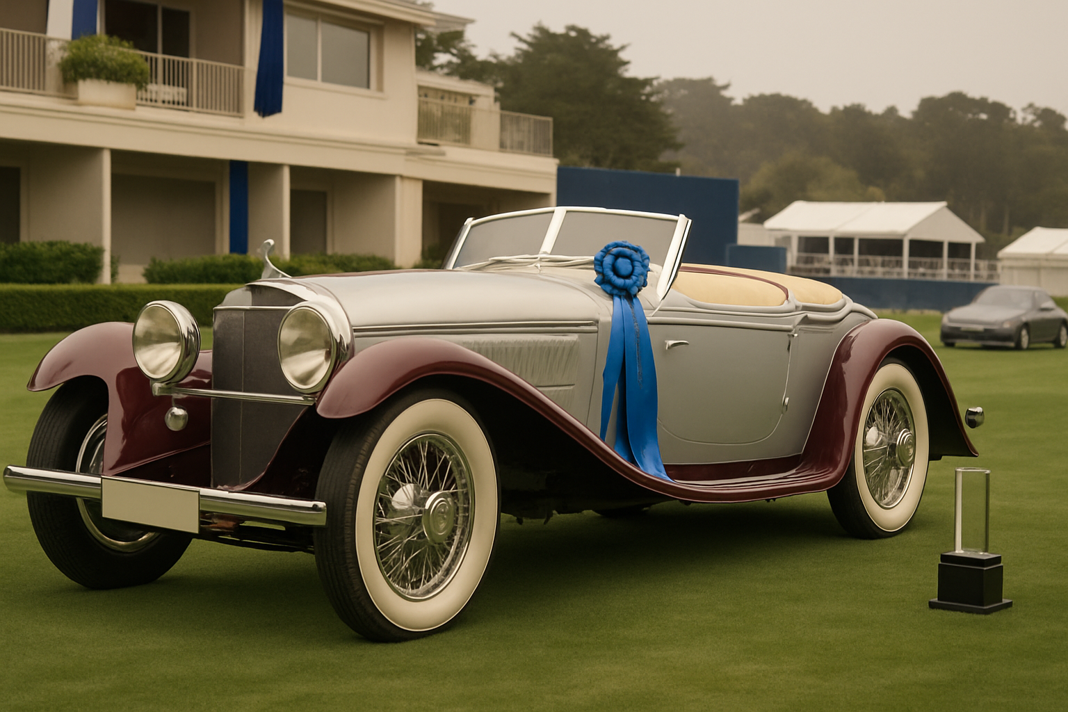Convertible car with silver body, burgundy fenders, whitewall tires and blue ribbon on the door, parked on green lawn