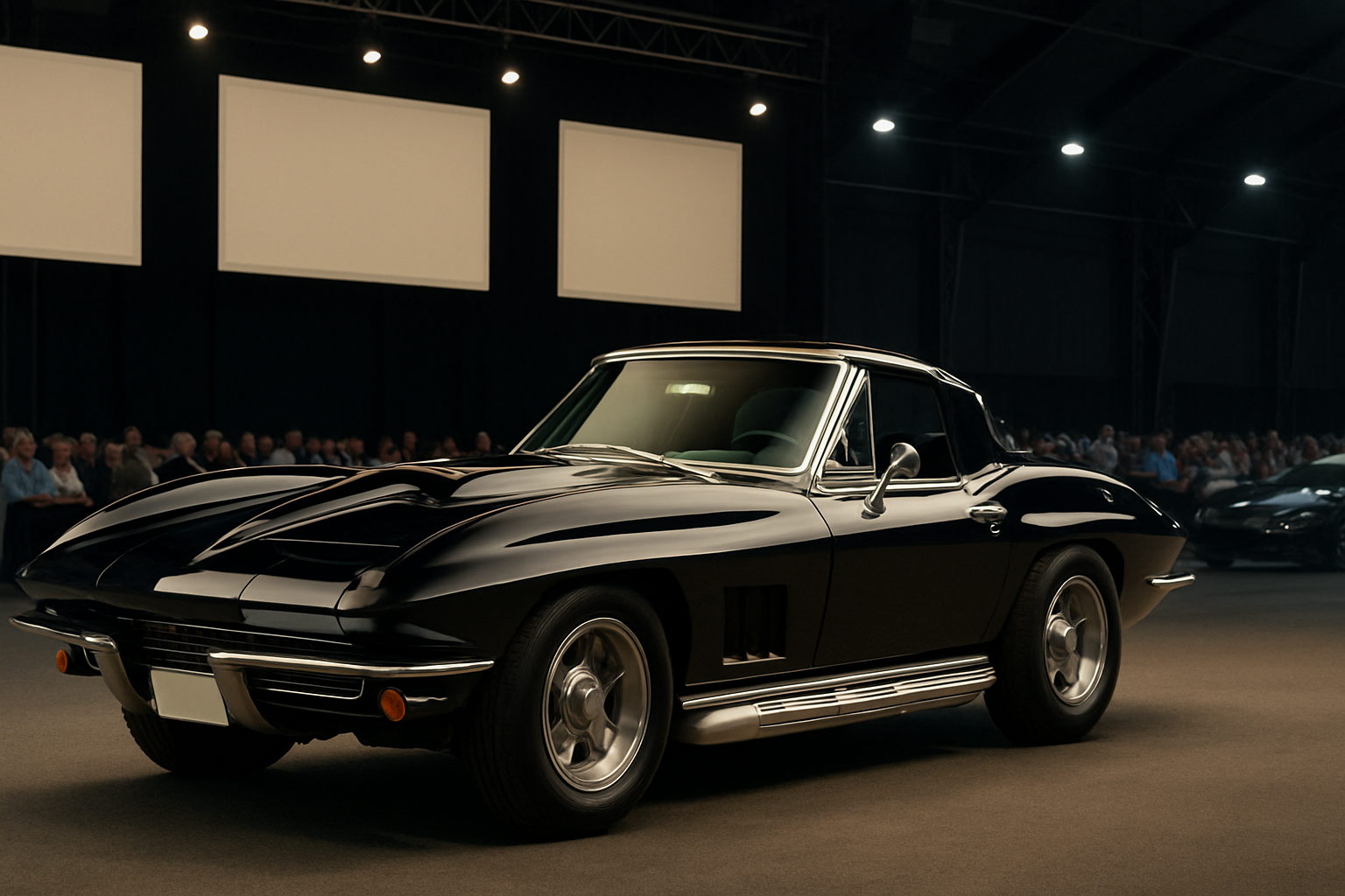 Glossy black classic sports car with chrome accents on display under bright lights in a spacious indoor venue with seated audience