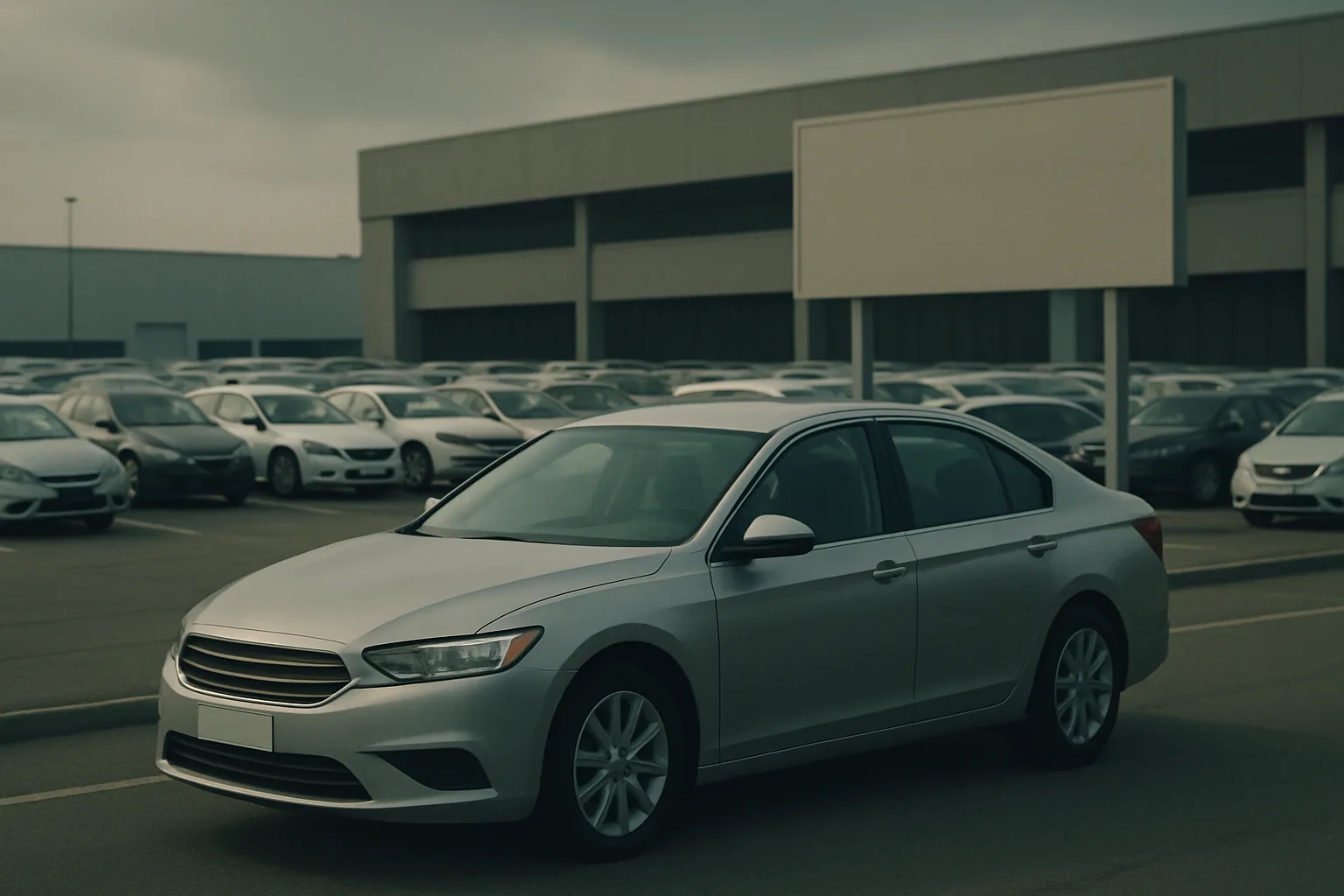 A silver sedan parked in front of an empty sign and rows of unsold cars under an overcast sky