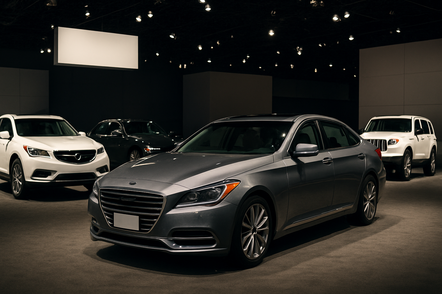 Sleek grey sedan displayed under soft showroom lighting, surrounded by other cars on a dark carpeted floor