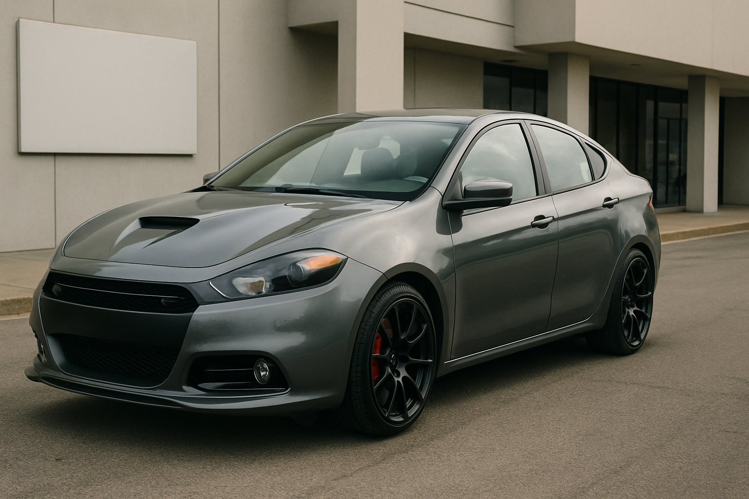 Metallic gray four-door car with black wheels and red brake calipers parked on a paved road beside a modern beige building