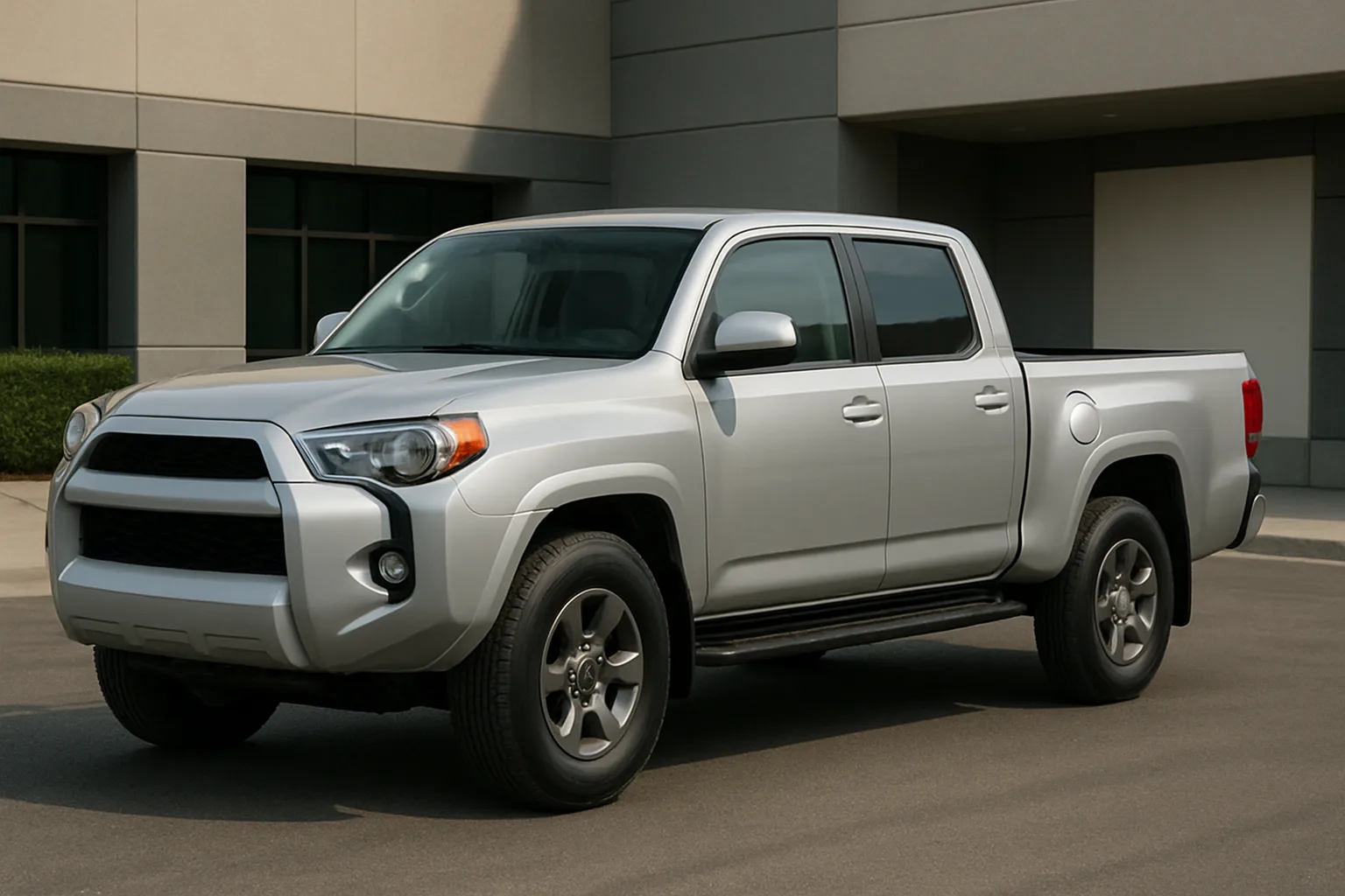 A silver double-cab pickup truck with dark wheels parked on asphalt in front of a modern, beige building in soft daylight
