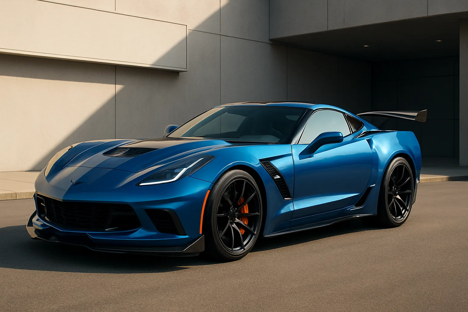 Low-slung blue sports car with black accents and a large rear wing parked on sunlit smooth concrete near a modern building