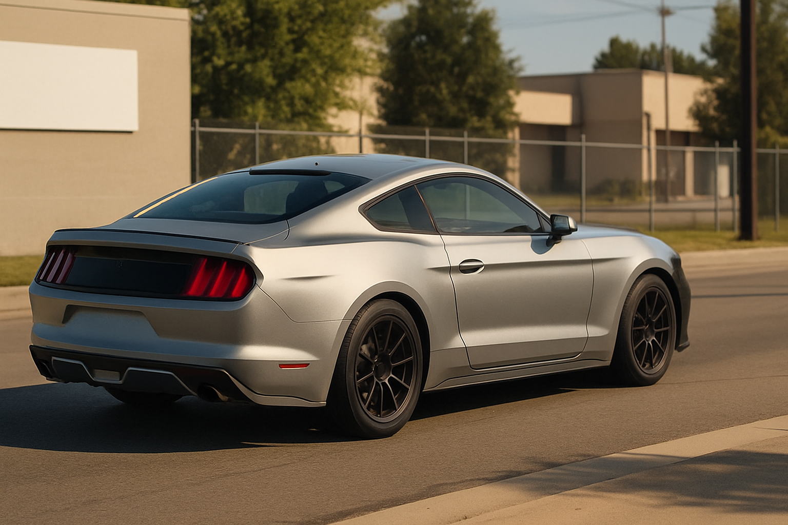 A sleek silver coupe with dark alloy wheels drives on a sunny suburban street past modern buildings and a chain-link fence