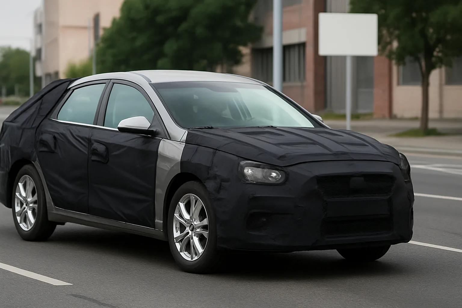 A silver car with its body mostly covered in black fabric panels, driving on a city street past blurred buildings