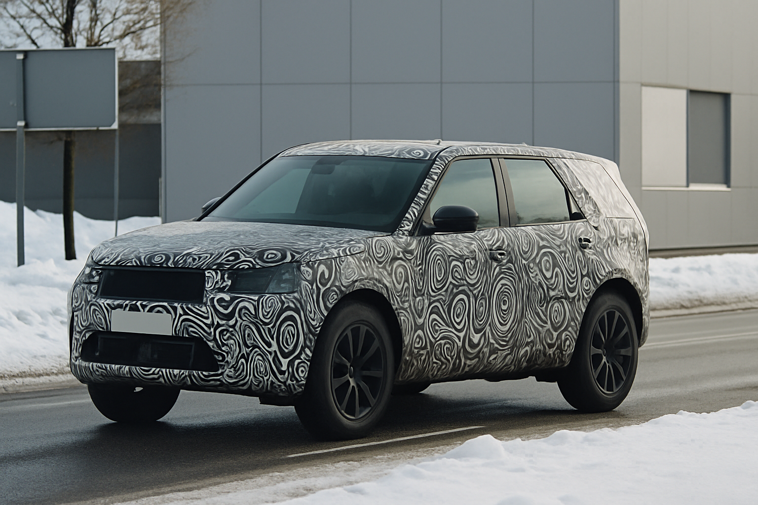 Boxy SUV with swirling black and grey camouflage wrap, black wheels, and dark windows driving on a wet winter road