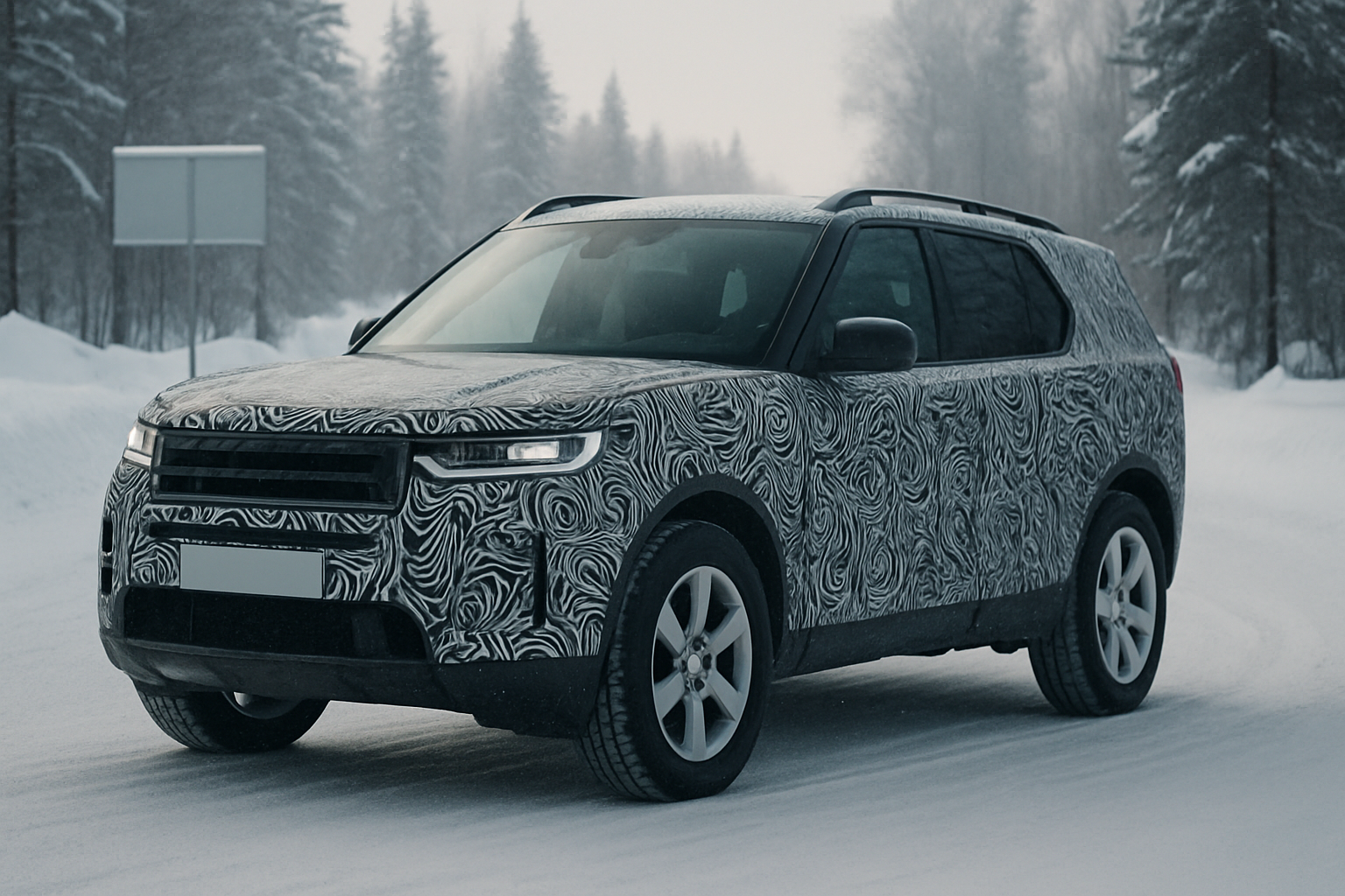 A camouflaged SUV with swirling black and white patterns drives on a snowy road lined with trees in misty light