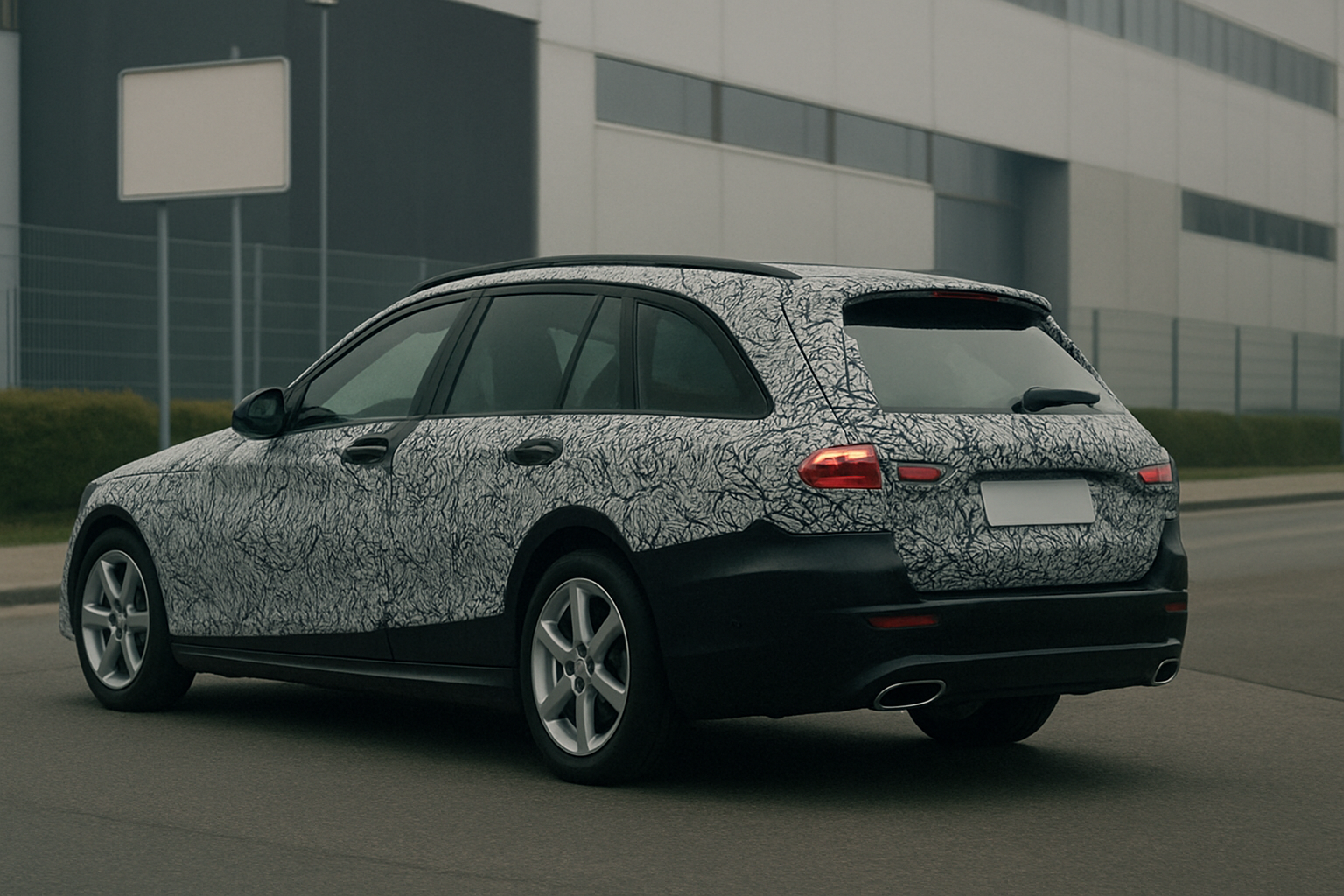 Dark-coloured estate car with white and black patterned masking tape driving on a grey road beside a modern industrial building