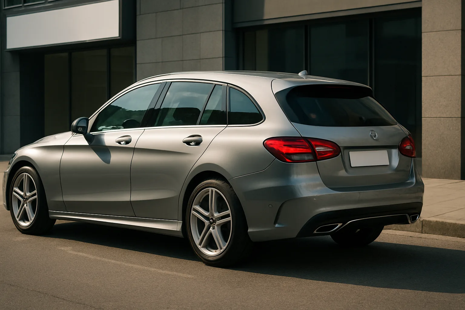 A sleek silver hatchback with tinted windows and alloy wheels parked on a sunlit urban street beside a modern building