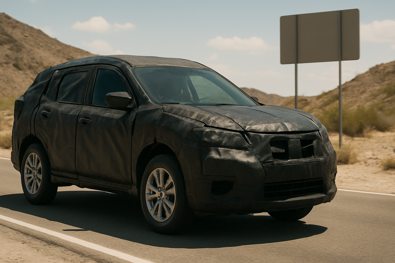 Matte black SUV-shaped vehicle covered in heavy, wrinkled fabric panels driving on a desert road under bright sunlight