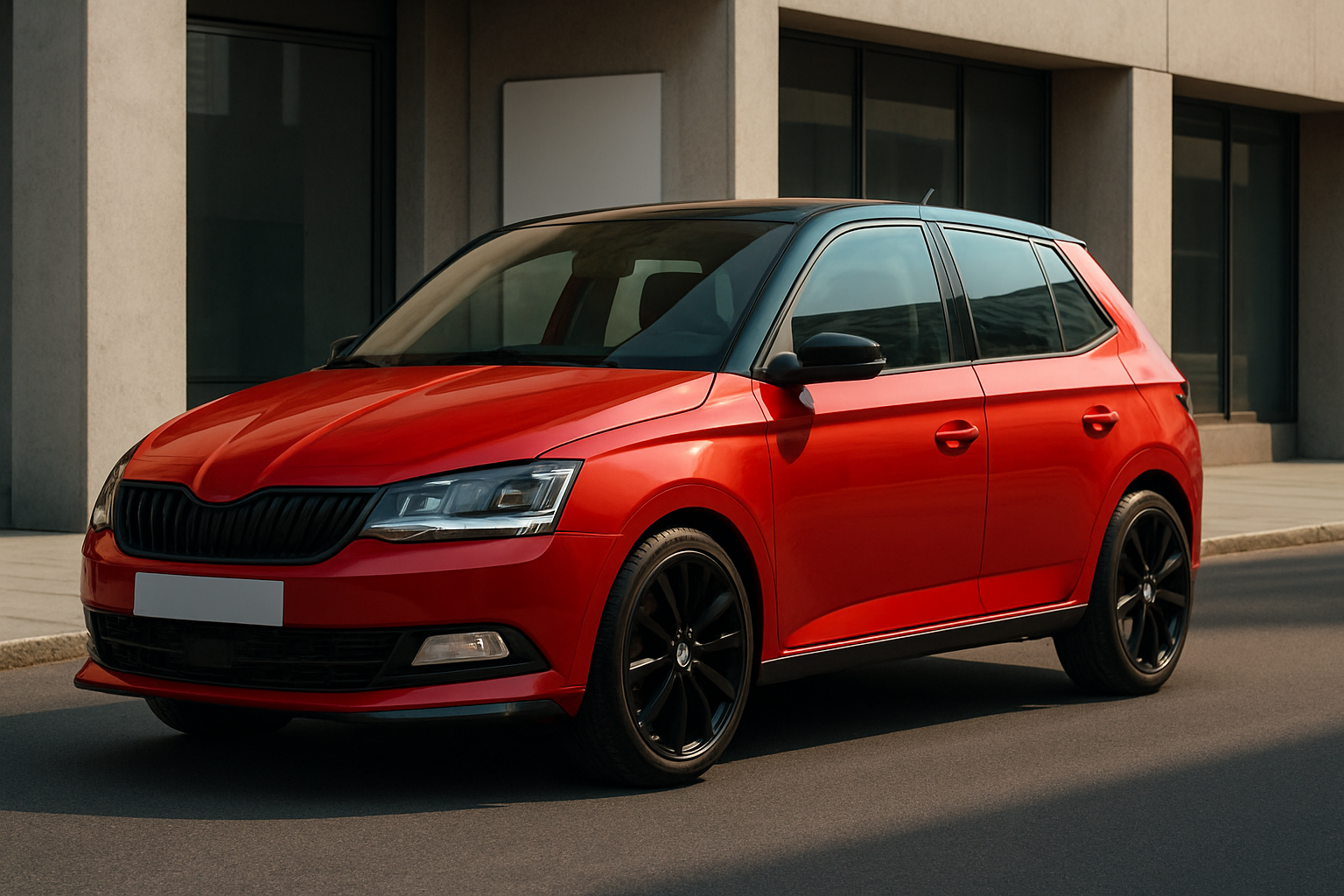 Compact red hatchback with black accents and tinted windows parked on a sunlit urban street by modern buildings
