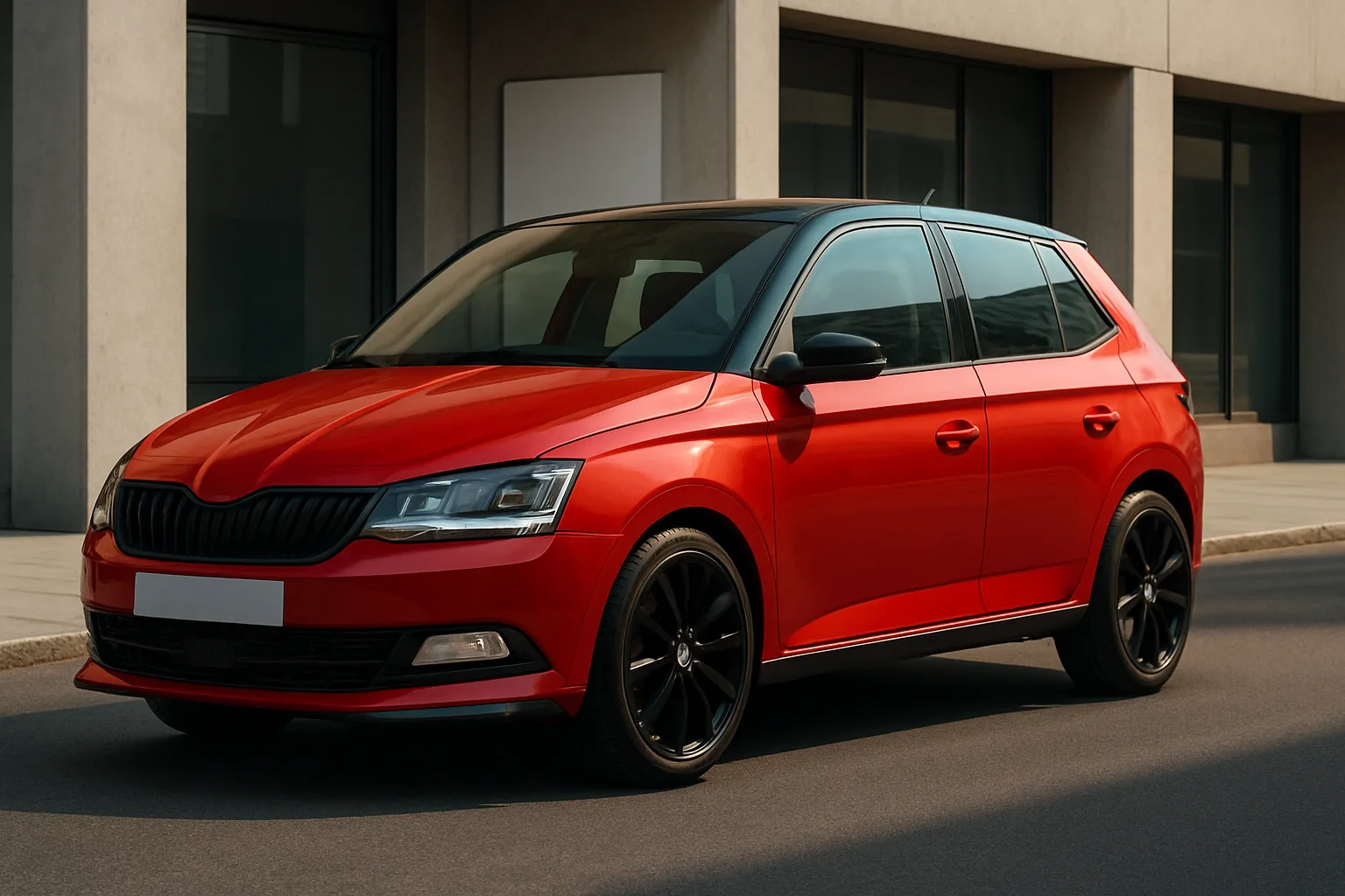 Compact red hatchback with black accents and tinted windows parked on a sunlit urban street by modern buildings
