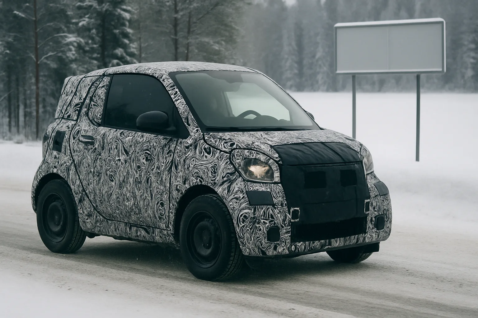 Small, camouflaged car with swirling black-and-white pattern driving on a snowy road beside frosted trees and a blank sign