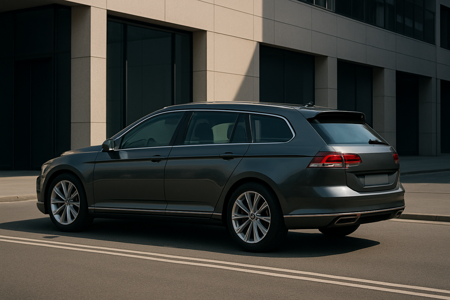 A sleek metallic grey shooting brake car with tinted windows and alloy wheels parked on a sunlit urban street