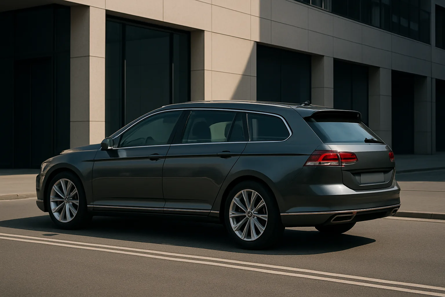 A sleek metallic grey shooting brake car with tinted windows and alloy wheels parked on a sunlit urban street