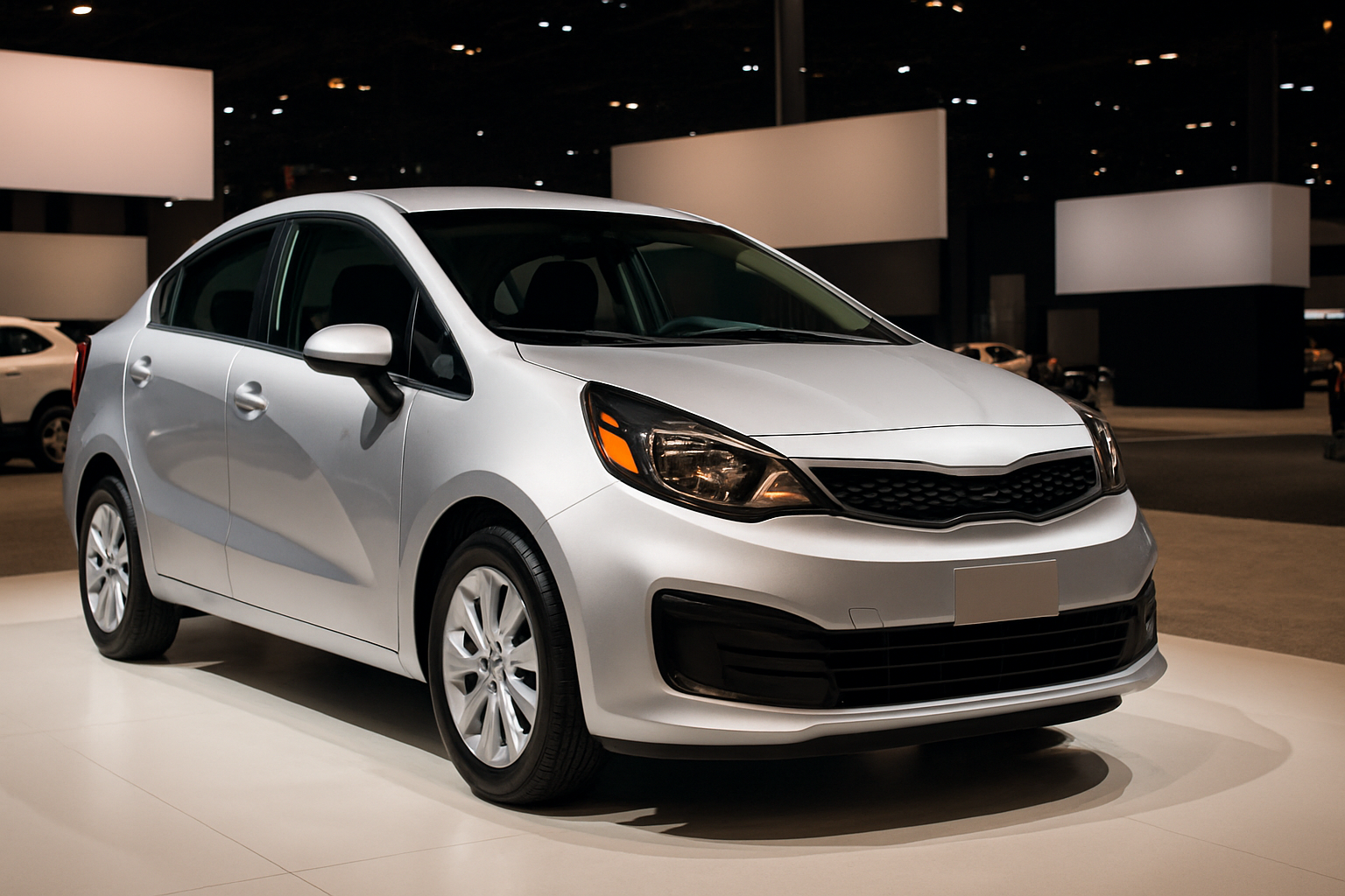 Silver compact sedan displayed on a well-lit platform with smooth body lines, black grille, and angular headlights