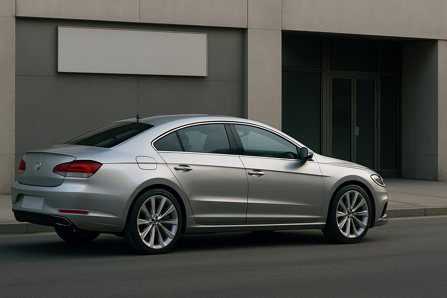 A sleek silver coupe-style car with tinted windows parked beside a modern beige building in soft daylight