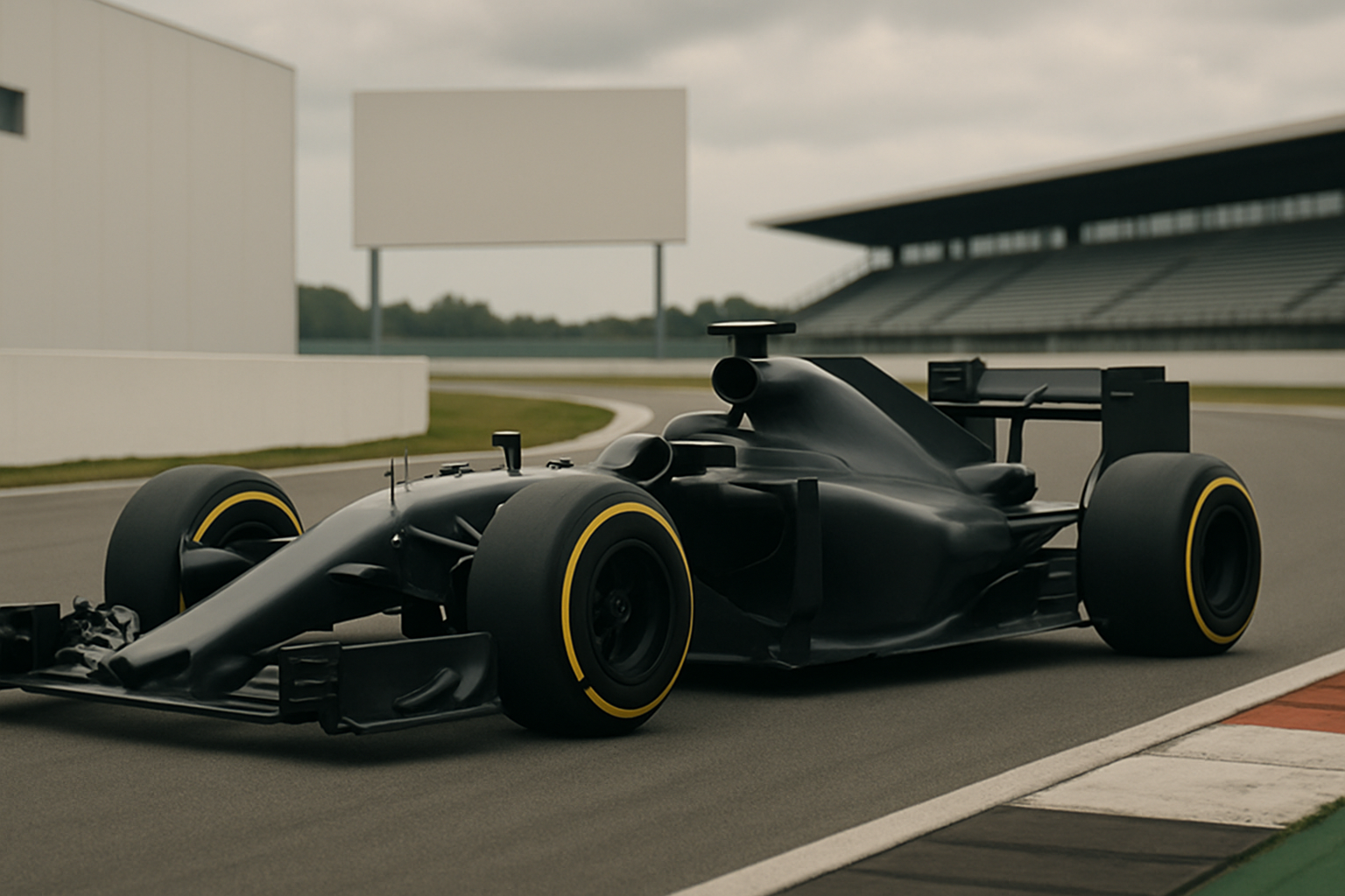 Matte black single-seater race car with yellow-striped tyres on a curving asphalt track under cloudy skies