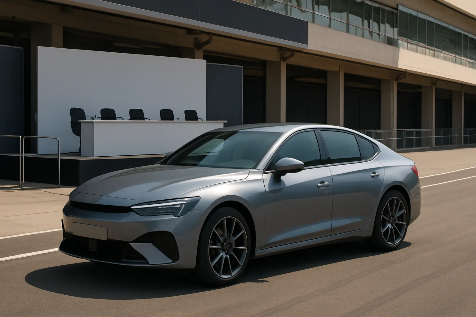 Sleek silver sedan parked on tarmac in front of modern grandstand with empty black chairs and white panel backdrop