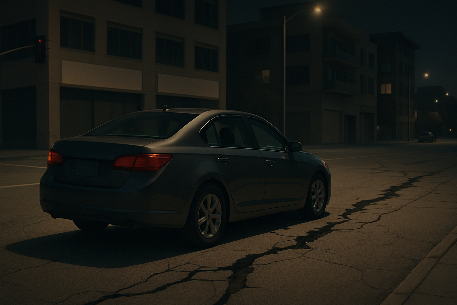 A dark sedan parked on an empty street at night with visible cracks running through the pavement and dim streetlights above