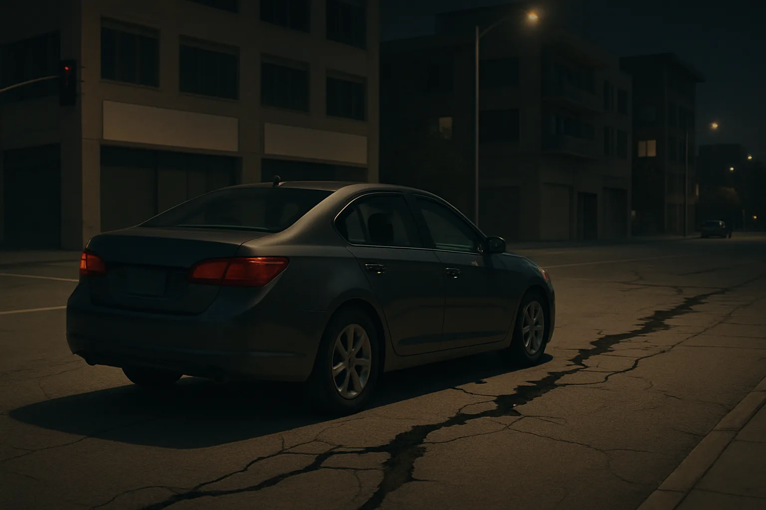 A dark sedan parked on an empty street at night with visible cracks running through the pavement and dim streetlights above