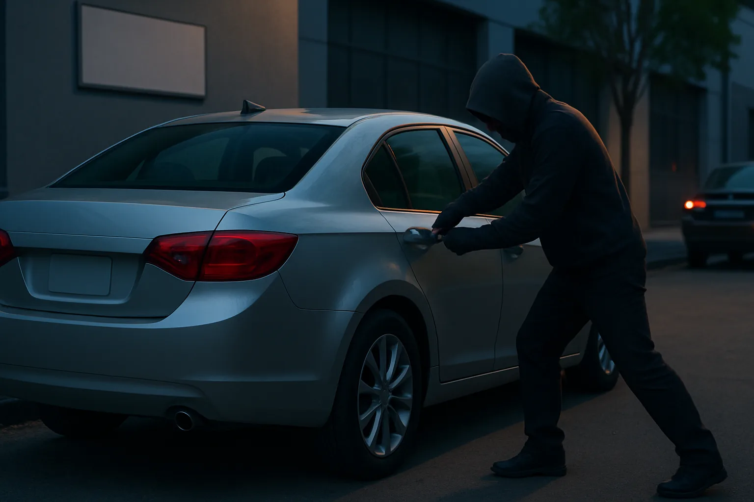 A hooded figure in dark clothing attempts to open the door of a silver sedan parked on a dimly lit street at dusk