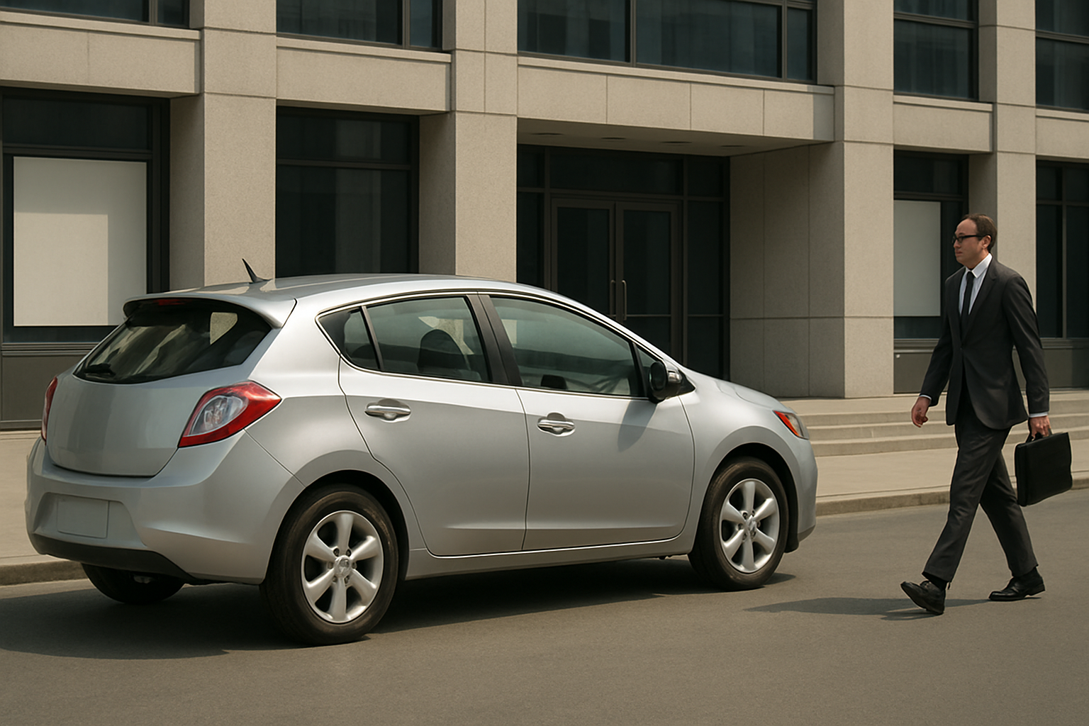 A man in a suit carrying a briefcase walks toward a silver hatchback parked beside a modern office building in daylight