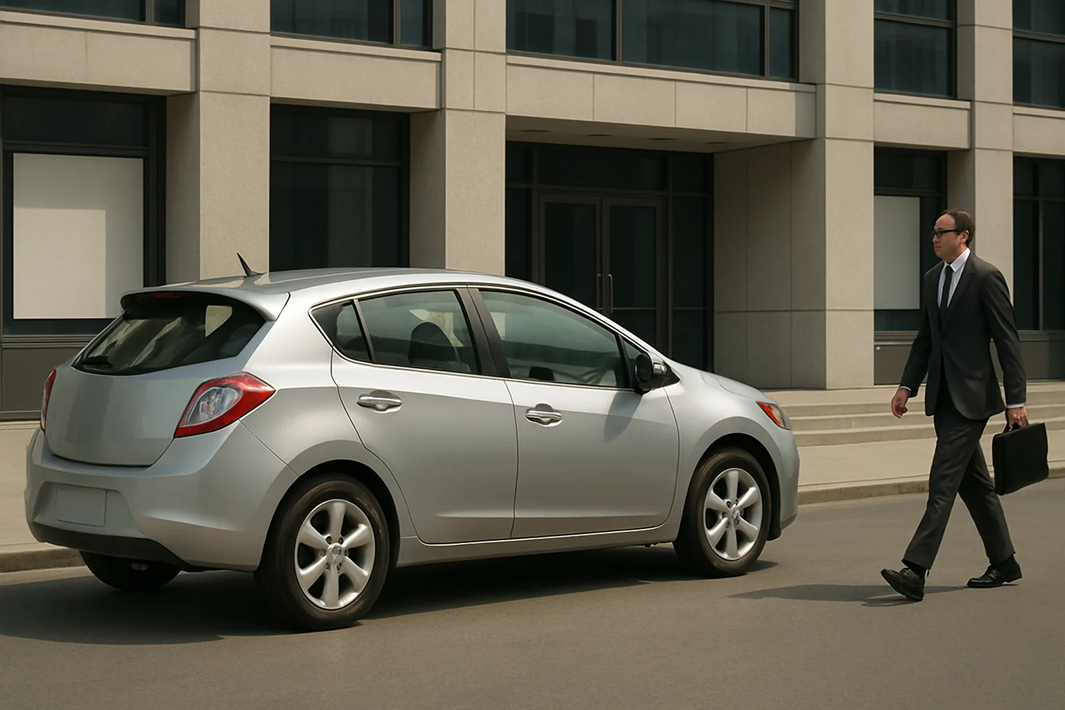 A man in a suit carrying a briefcase walks toward a silver hatchback parked beside a modern office building in daylight