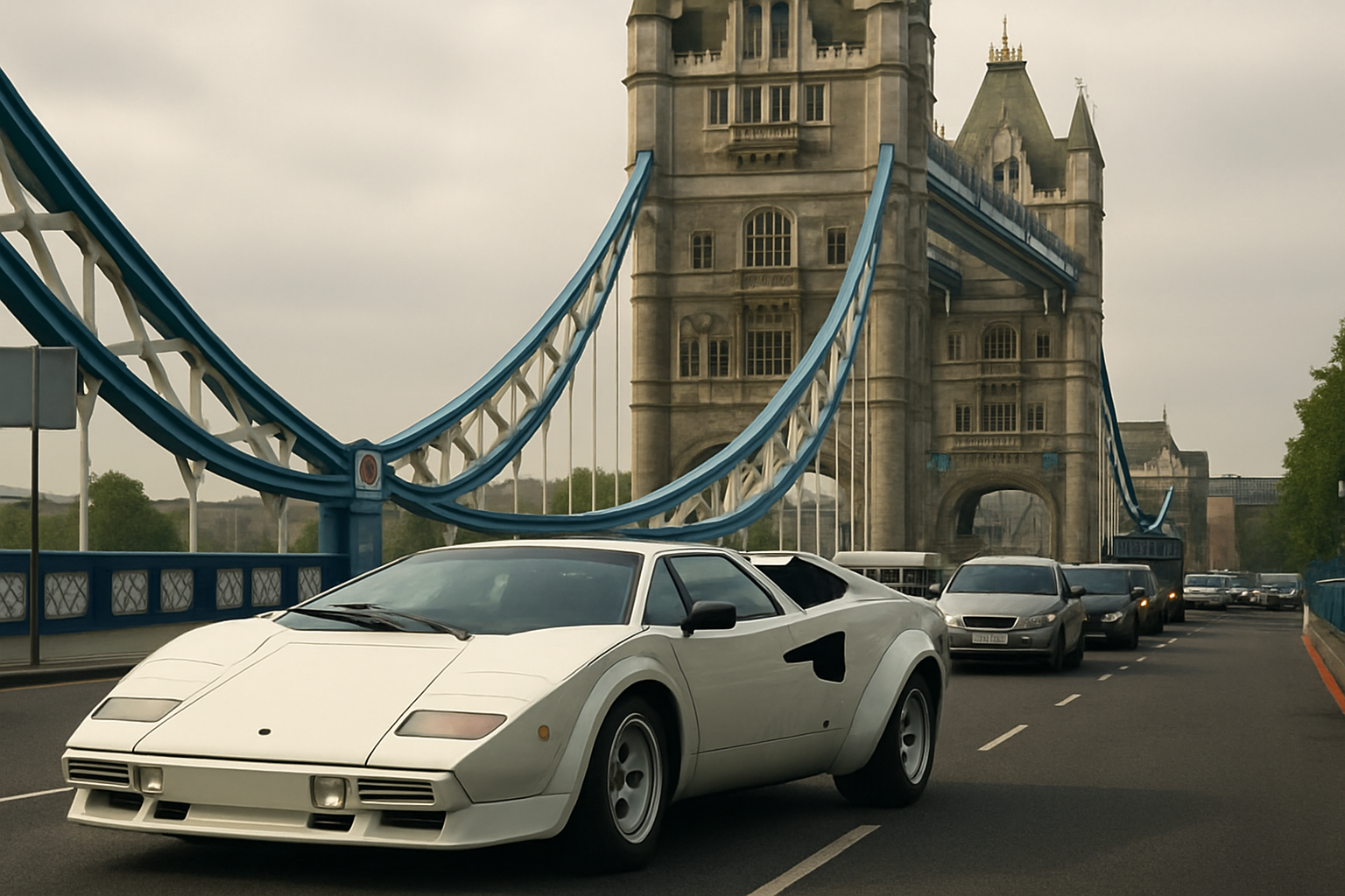 Wedge-shaped white sports car with pop-up headlights sits empty on Tower Bridge, halting a line of traffic behind