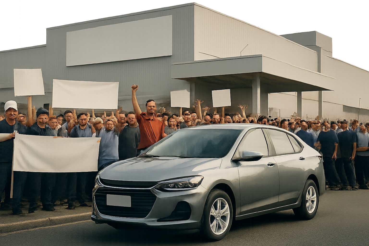 A grey sedan parked in front of a large factory as dozens of people hold blank signs and raise fists in the air