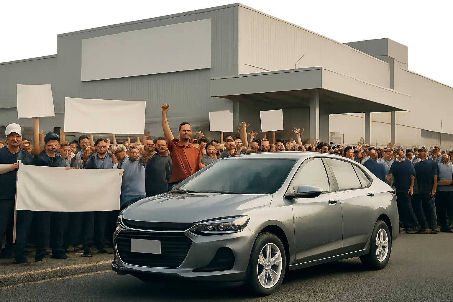 A grey sedan parked in front of a large factory as dozens of people hold blank signs and raise fists in the air